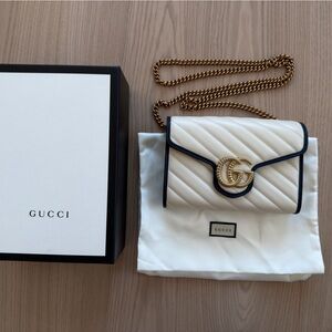 Gucci Cream Quilted Leather GG Marmont Wallet on Chain with Navy Trim